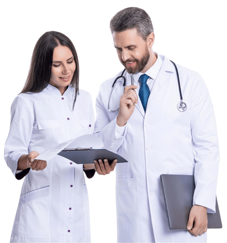 Medical professionals reviewing health data with digital tablets.