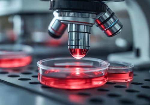 Microscope examining petri dishes with red culture media for scientific research.
